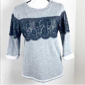 Charming Charlie gray accent lace 3/4 sleeves top